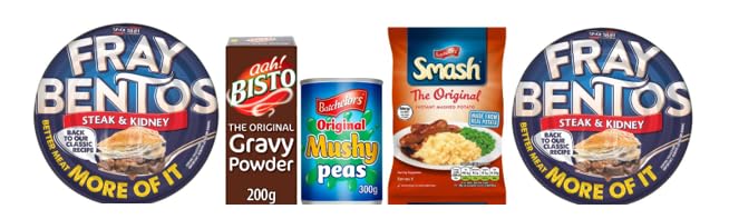 Generic *BRITISH GOODS* Meat Pot Pie and Mash Classic Meal for 2. 2 x Fray Bentos Steak & Kindey Pies, 1 x Bisto Original Gravy Powder, 1 x Batchelors Original Creamy Mash 1x Batchelors Mushy Peas